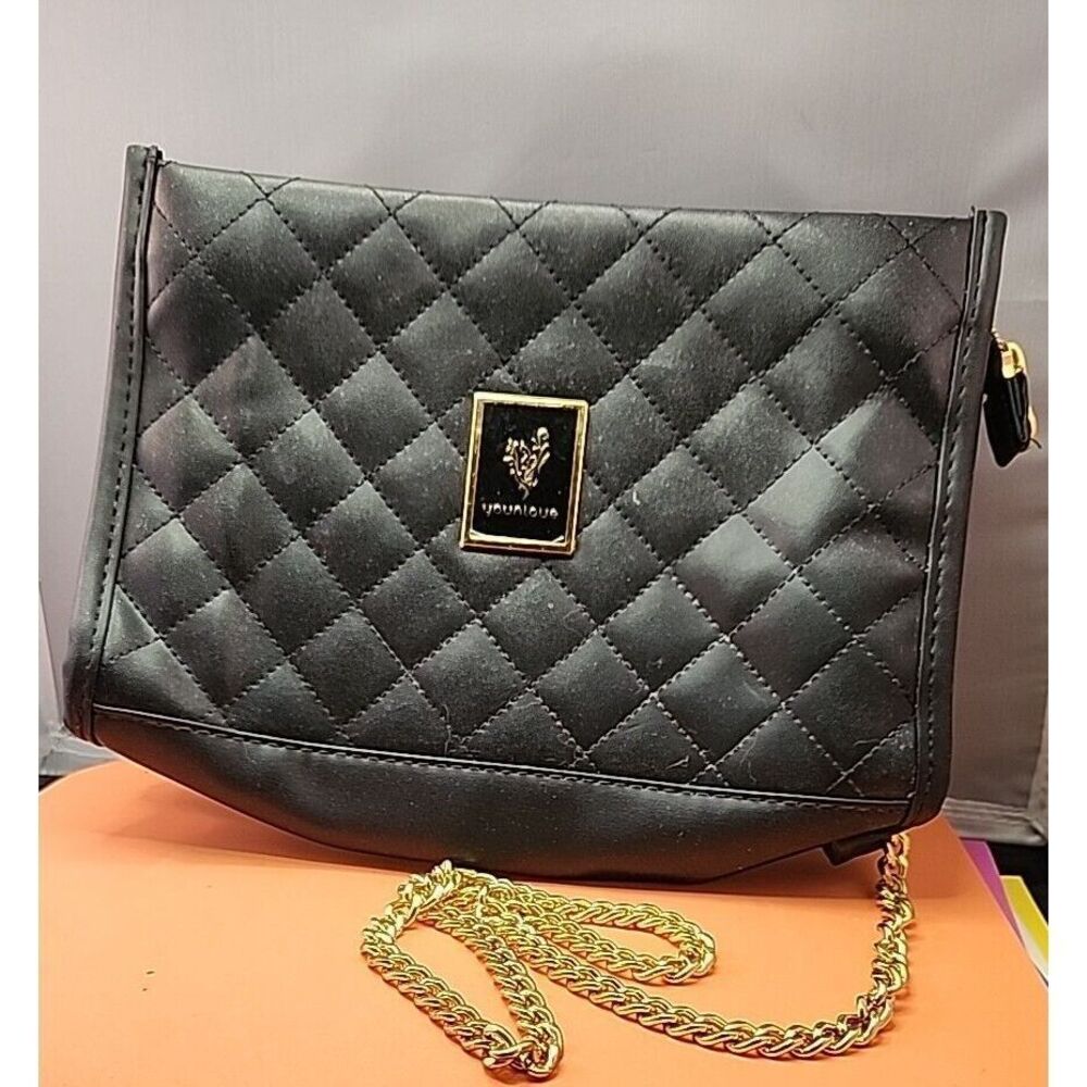 Younique 2018 Collection Make Up Bag Purse Black‎ Quilted Gold Chain Strap SKA14